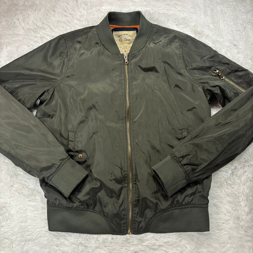 Olive Green Nylon Bomber Flight Jacket Reversible Orange Lining Utility S